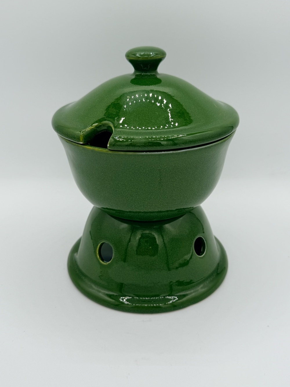 Vintage Pottery Barn Sausalito Green Stoneware Butter Warmer Set Portugal